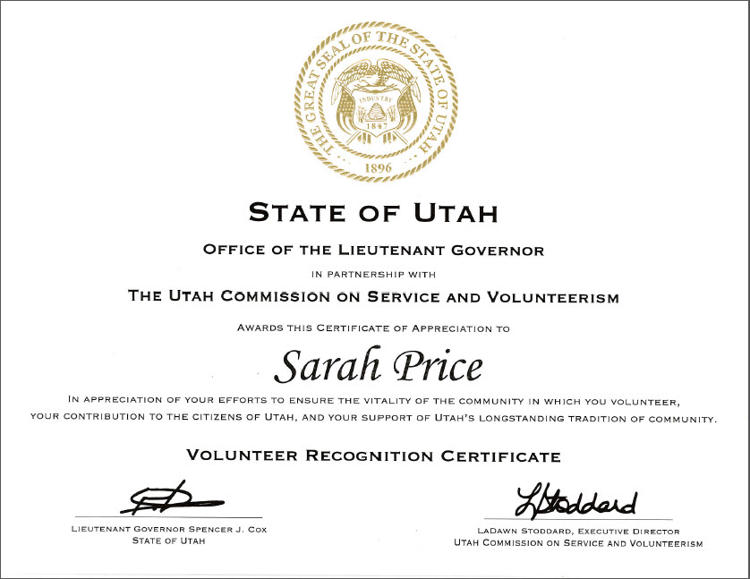 Sarah Price Certificate
